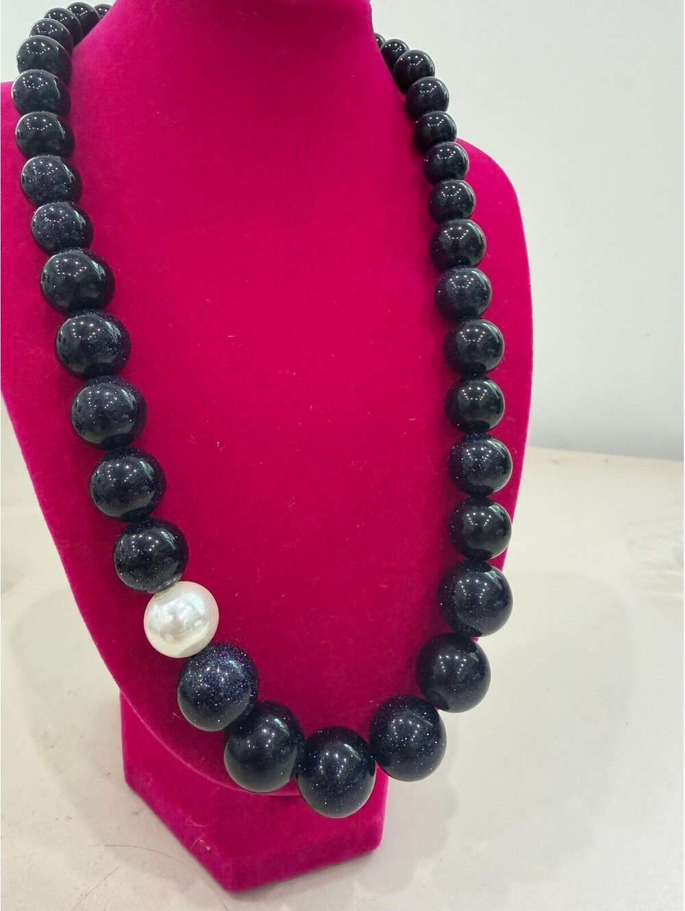 Navy Blue Sparkly Beaded Necklace Single White Pearl Accent Silver Clasp 16"